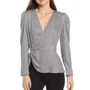 Something Navy Striped Gathered V-Neck Peplum Top White Navy Size Small